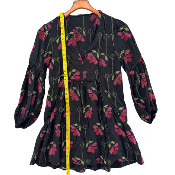Dress To Tunic Top Womens Black Pink Floral Embroidered 3/4 Sleeve Sz PP 2-4 - Picture 5 of 9